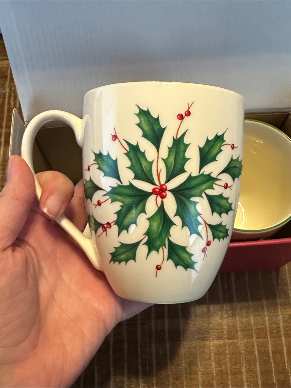 Lenox Holiday Cream Mugs with Green Holly and Red Berry Accents - Set of 2 - Picture 7 of 16